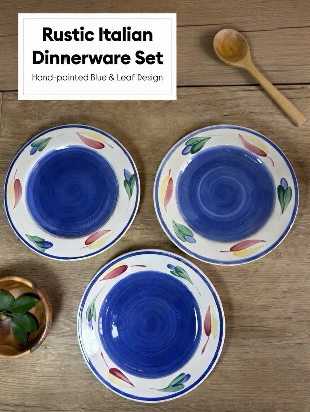 Furio Italian Handpainted Leaf Dinner Plates Set of 3 Ceramic Glossy 9" Round